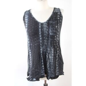 Dunia S Black Tie Dye Tank Top Pleated Ruffle Hem Sleeveless V-Neck